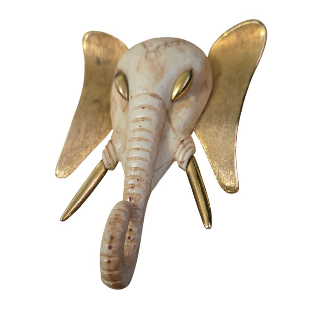 Vintage 1970s Luca Razza Elephant Head Statement Pendant Resin Gold Tone